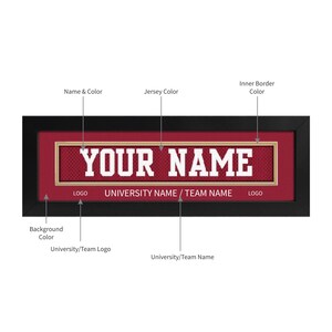 May include: A personalized framed print with a red background, gold inner border, and white text that reads "YOUR NAME" with the words "UNIVERSITY NAME/TEAM NAME" below.