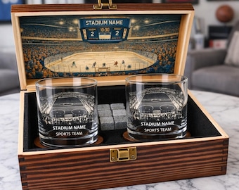 Customized Tumbler Glasses - Add Your Hockey Stadium - 2 Glasses with Wood Gift Box