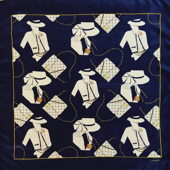 Chanel Vintage Silk Scarf 34 X 34 Inches,silk ,navy Blue Chanel Vintage Silk Scarf 34 X 34 Inches,silk ,navy Blue