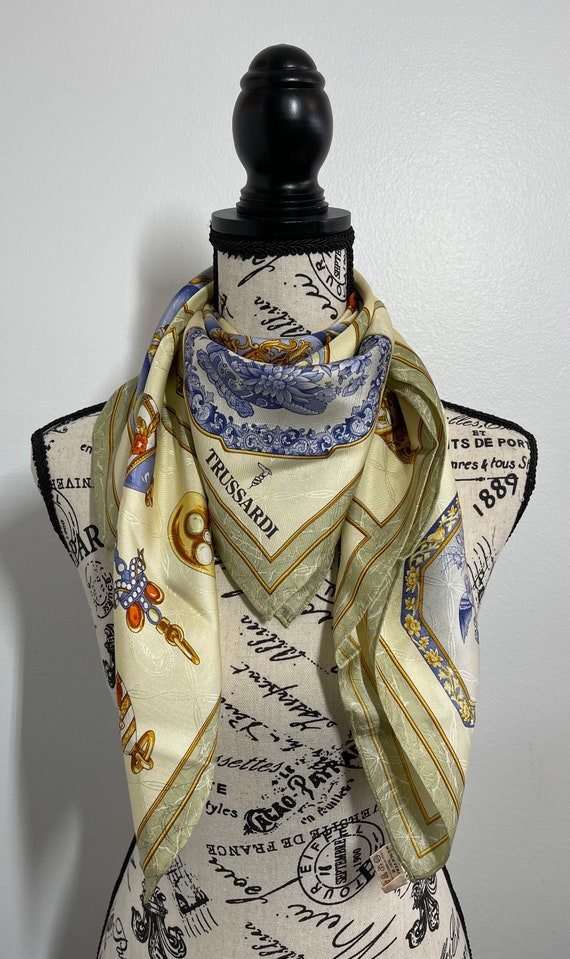 Foulard Carré Vintage En Soie 100% - Motif Géométrique Multicolore, Occasion Bon état