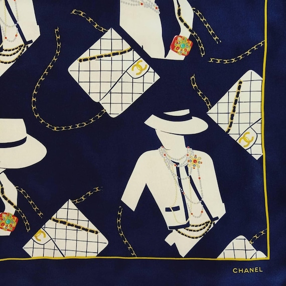 Chanel Vintage Silk Scarf 34 X 34 Inches,silk ,navy Blue Chanel Vintage Silk Scarf 34 X 34 Inches,silk ,navy Blue