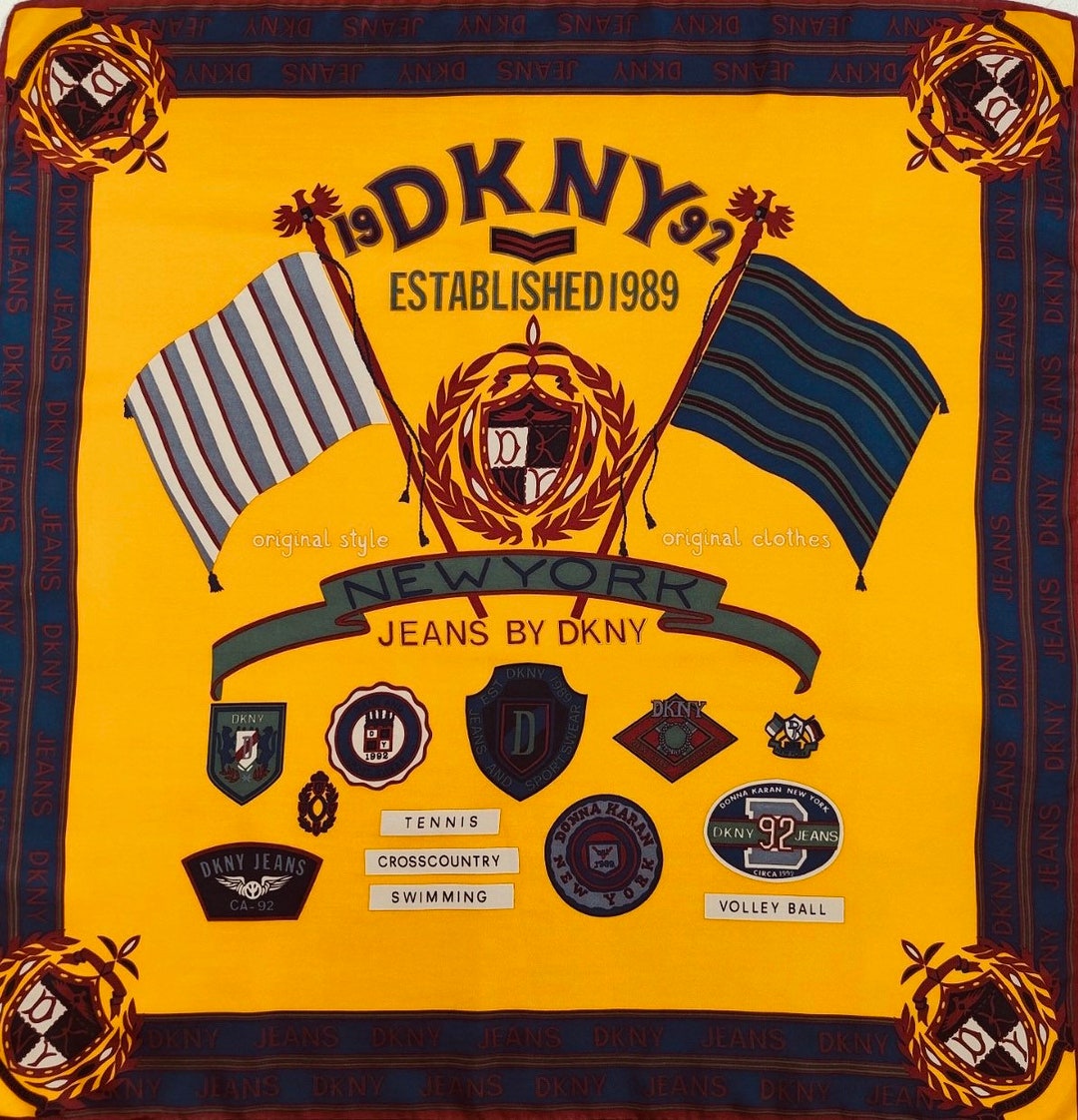 DKNY Jeans Sports Flags Emblem Logo Vintage Silk Scarf 34 X 34 Inches