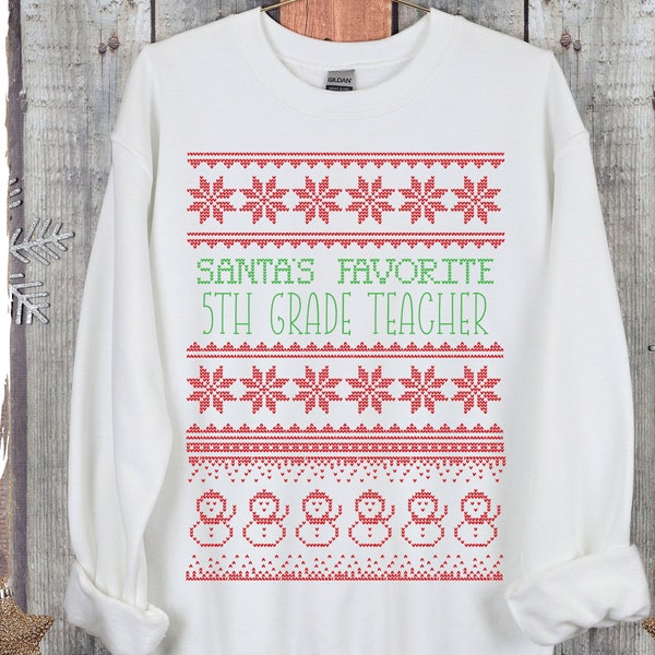 5th Grade Teacher Ugly Christmas Sweater SVG, Santa's Favorite Teacher SVG, Knit Fair Isle Style Sweater SVG for Winter Classroom