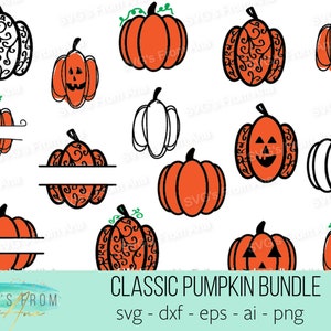 Puede incluir: Un conjunto de 10 archivos de corte SVG de calabaza clásica en negro y naranja. Las calabazas son de varios estilos, incluyendo una calabaza simple, una calabaza con cara y una calabaza con un diseño de remolino. El texto "CLASSIC PUMPKIN BUNDLE" está en la parte inferior de la imagen.