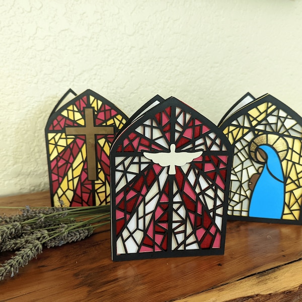 BUNDLE of 3 SVG Cards, Stained Glass Window Card SVG, Cricut Cut File Kits, Catholic Virgin Mary Card, Cross Dove Stained Glass Window Card