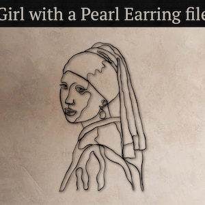 Puede incluir: Dibujo de línea de una mujer con un pendiente de perla. El dibujo está en blanco y negro y está hecho en un estilo minimalista.