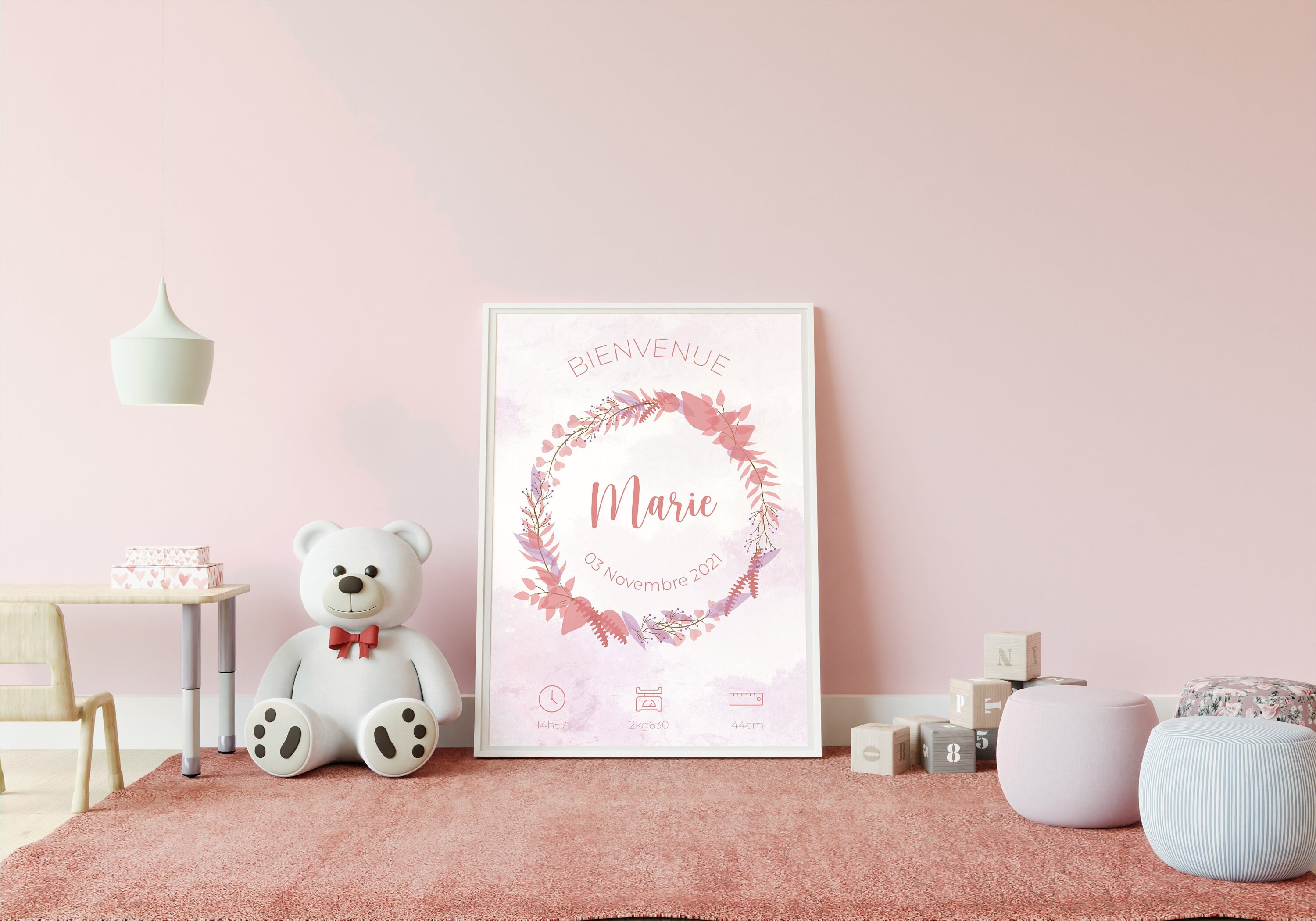 Affiche Naissance Personnalisée Bébé Couronne à Fleur