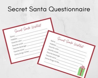 Secret Santa Gift Exchange Fragebogen| Druckbare Digitale Wunschlisten Karten | Weihnachtsfragebogen | Secret Santa Party