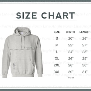 May include: Size chart for a hooded sweatshirt with measurements in inches for width and length. Sizes include S, M, L, XL, 2XL, and 3XL.