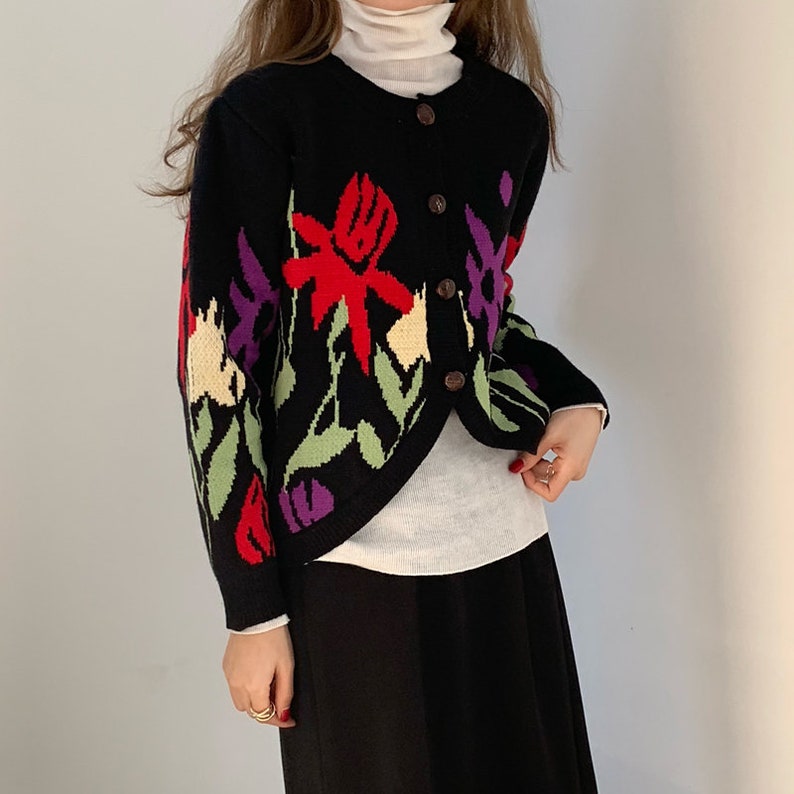 Women Knitted Button Down Front Wool Cotton Floral Cardigan Long Sleeve Top Soft Sweater Clothing--Size S