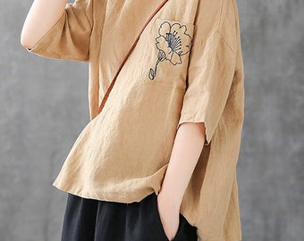 Women's Short Sleeve Cotton Linen Floral Blouses With Pocket Casual Top Round Neck Clothing