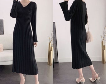 Women Knitted Cashmere/Cotton Blend Long Sleeve V-neck Dress Very Soft and Comfortable Crus Length