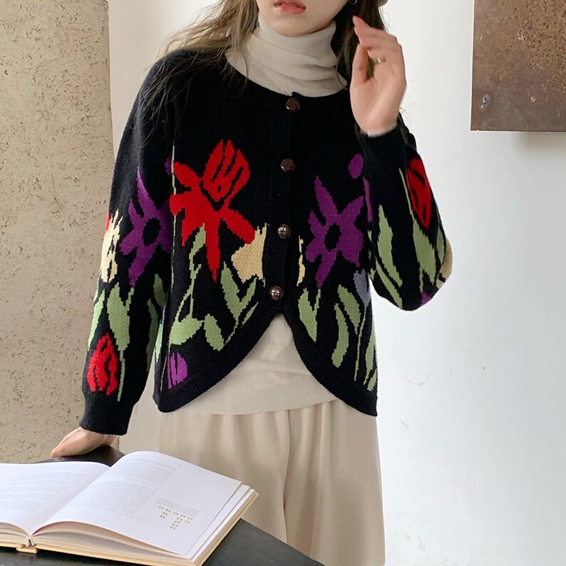 Women Knitted Button Down Front Wool Cotton Floral Cardigan Long Sleeve Top Soft Sweater Clothing--Size S