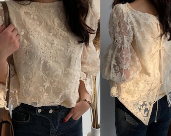 Women's Vintage Long Sleeve Lace Tops Casual Round Neck Shirt Floral Blouse Clothing