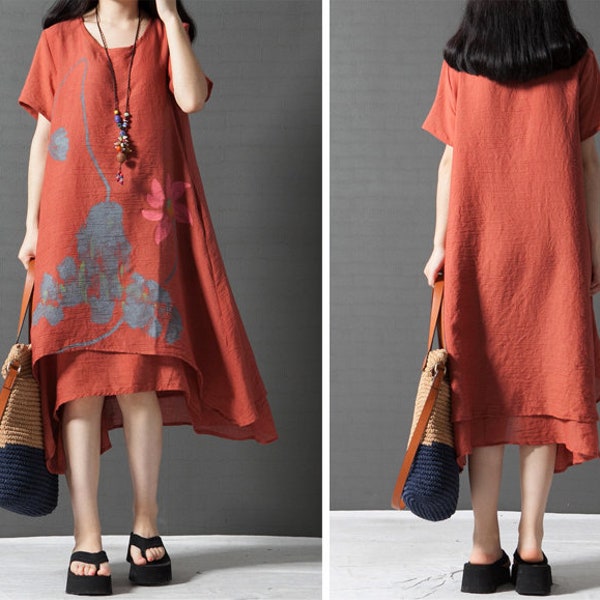 Hand Made Women’s Soft Cotton Linen Clothing Floral Irregular Hem Maxi Dress Round Neck Short Sleeve With Side Pockets---Size S