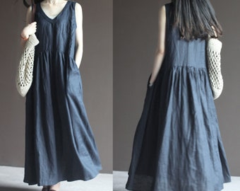 Women’s Cotton/Linen Soft Clothing Sleeveless Dress V Neck With Side Pockets
