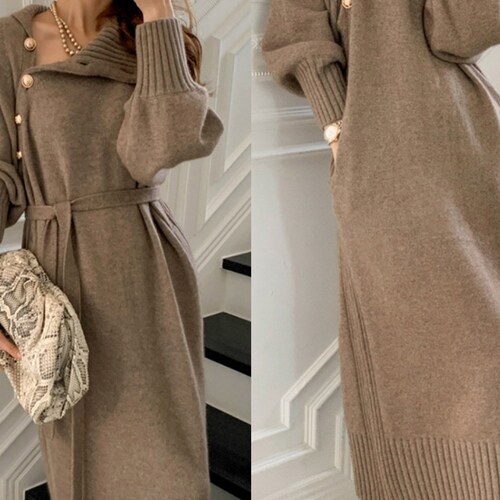 Women Knitted Cashmere/Cotton Blend Long Sleeve Turtleneck Dress with Belt and Pocket Very Soft and Comfortable Clothing---Size S