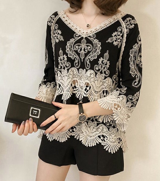 Women's 3/4 Long Sleeve Chiffon Tops Casual Shirt Knitted - Etsy