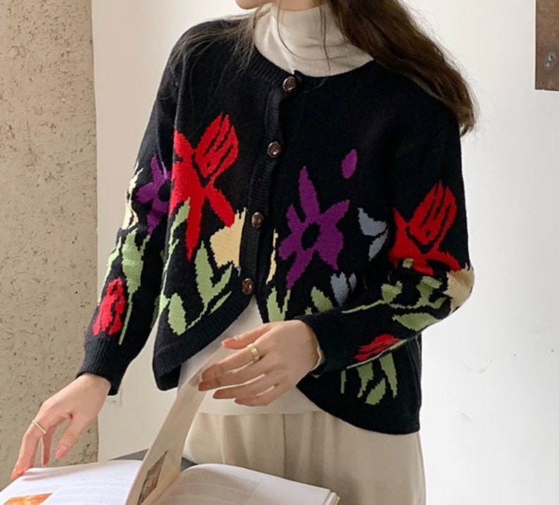 Women Knitted Button Down Front Wool Cotton Floral Cardigan Long Sleeve Top Soft Sweater Clothing--Size S