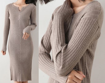 Women Knitted Cashmere/Cotton Blend Long Sleeve V-neck Dress Very Soft and Comfortable Crus Length---Size S