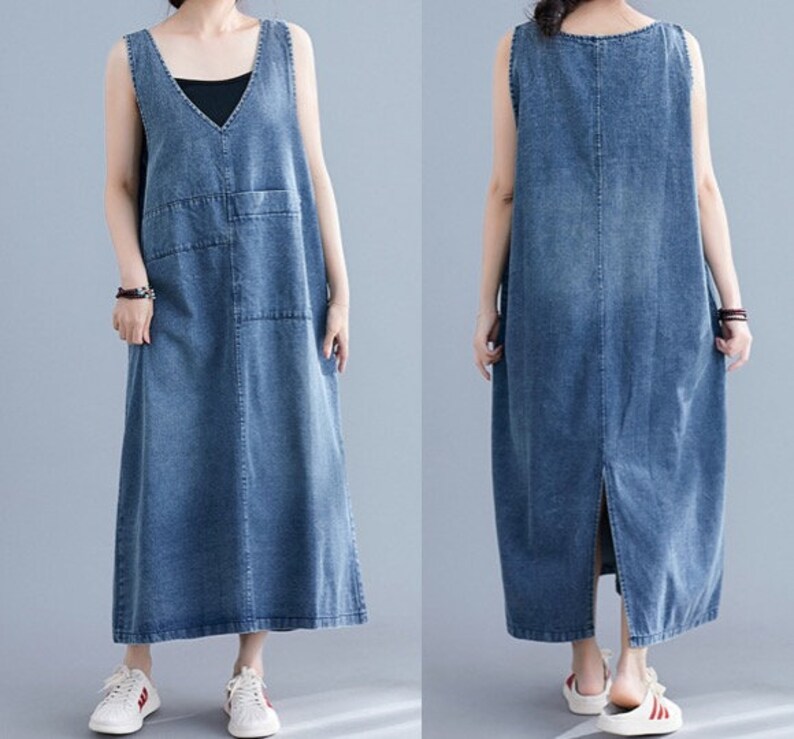 Womens Cotton Clothing Denim Jean Sleeveless Dress V Neck Etsy