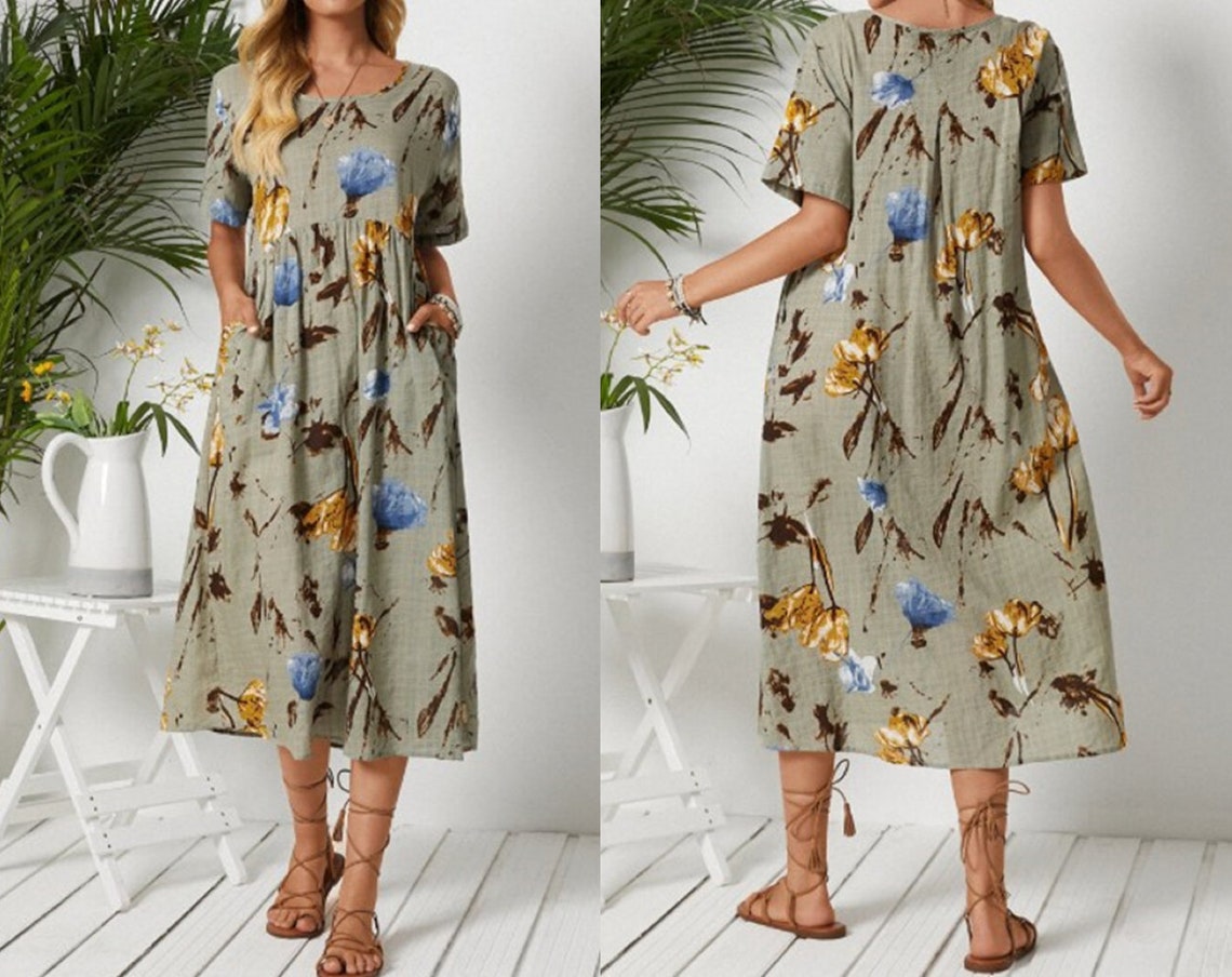Womens Soft Cotton Clothing Floral Maxi Dress With Pockets Etsy