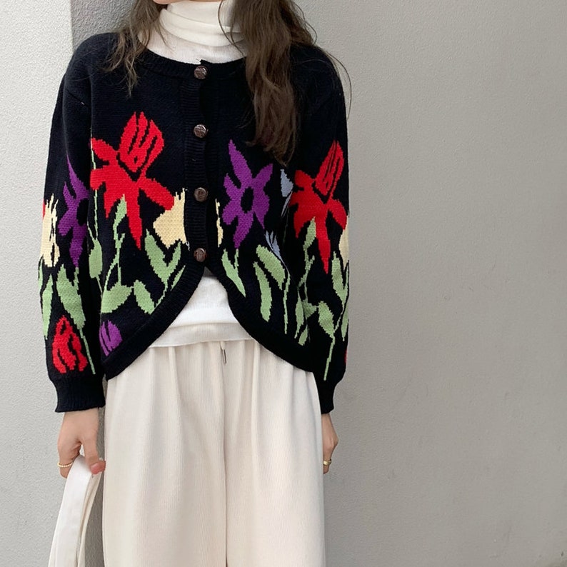 Women Knitted Button Down Front Wool Cotton Floral Cardigan Long Sleeve Top Soft Sweater Clothing--Size S