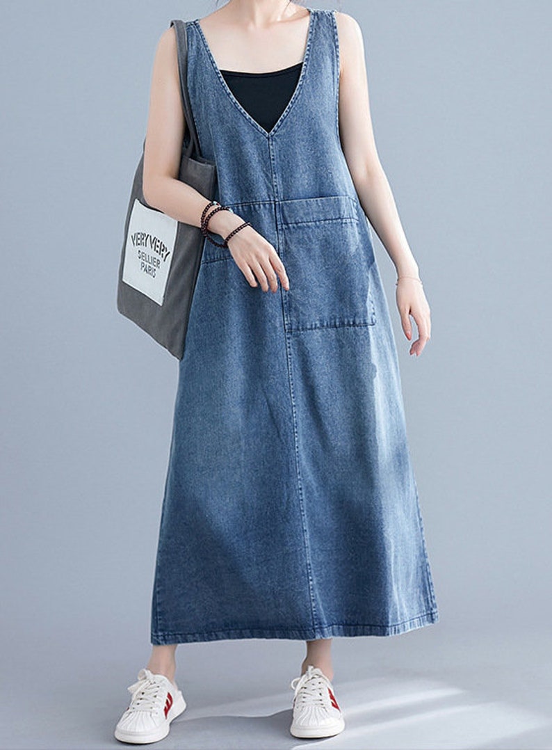 Womens Cotton Clothing Denim Jean Sleeveless Dress V Neck Etsy