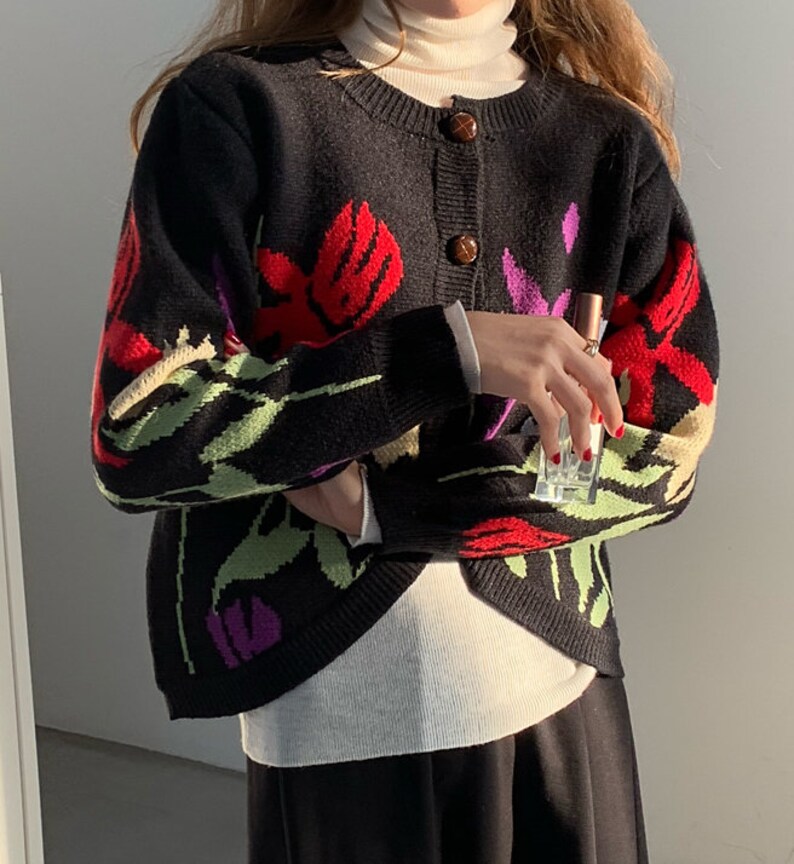 Women Knitted Button Down Front Wool Cotton Floral Cardigan Long Sleeve Top Soft Sweater Clothing--Size S