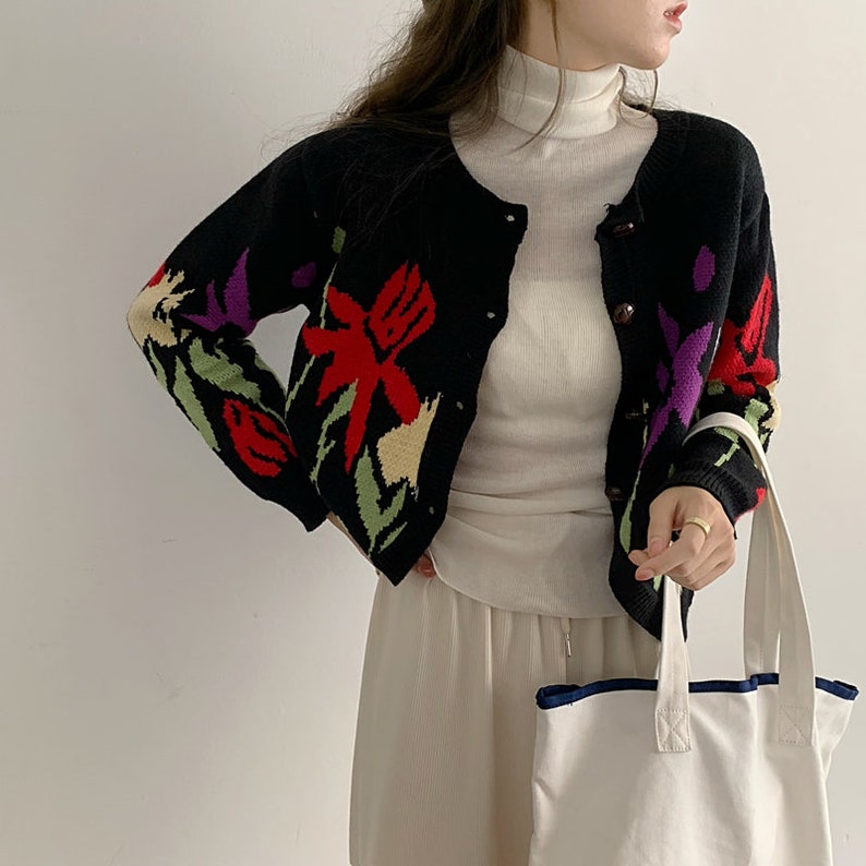Women Knitted Button Down Front Wool Cotton Floral Cardigan Long Sleeve Top Soft Sweater Clothing--Size S