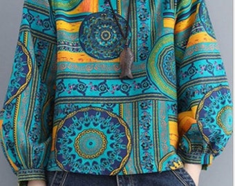 Women's 1/2 Sleeve Cotton Linen Blouses Casual Top Round Neck Clothing----Size M