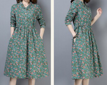 Hand Made Women’s Soft Cotton Linen Clothing Floral Irregular Hem Maxi Dress Round Neck Long Sleeve With Pocket---Size S