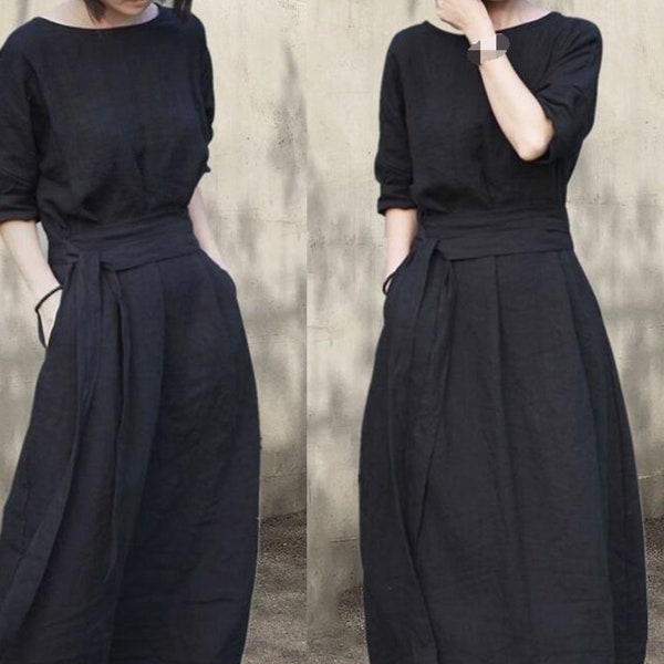 Hand Made Women’s Soft Cotton Linen Clothing Maxi Dress 1/2 Sleeve With Side Pockets and Belts