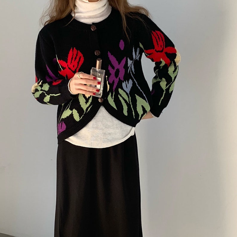 Women Knitted Button Down Front Wool Cotton Floral Cardigan Long Sleeve Top Soft Sweater Clothing--Size S