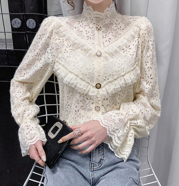 Women's Vintage Long Sleeve Lace Tops Casual Round Neck - Etsy