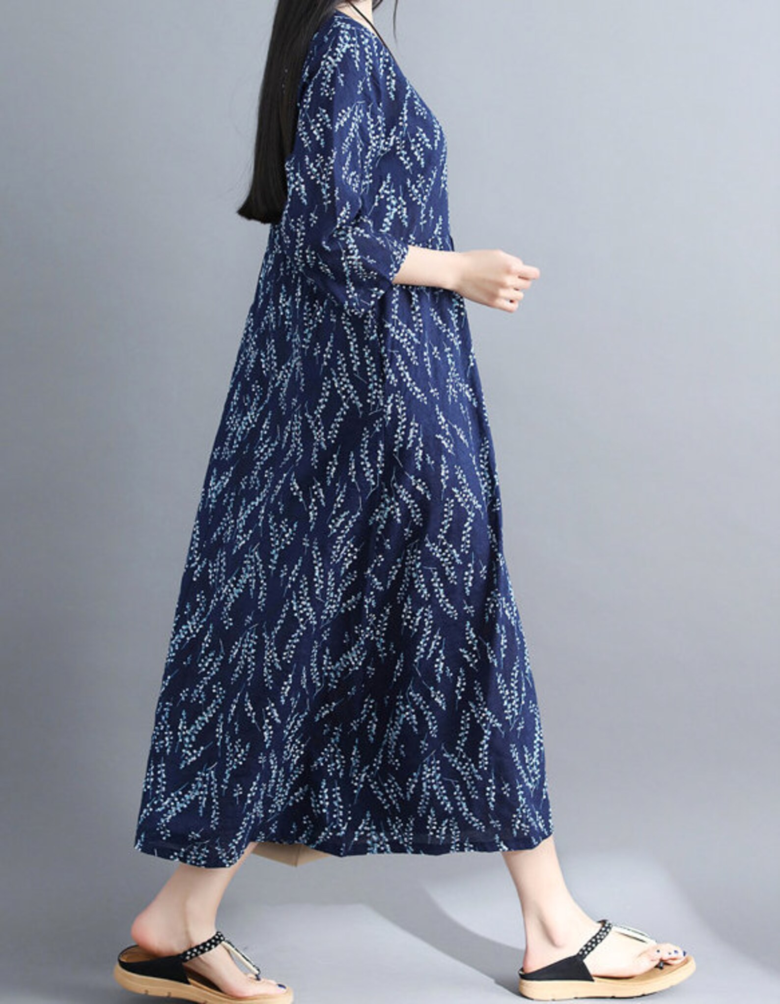 Womens Cotton Linen Clothing Maxi Floral Dress Round Neck Etsy