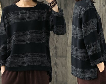 Vintage Women Casual Loose Fit Tees Soft Cotton T shirt Long Sleeve Round Neck Top Clothing---Size S