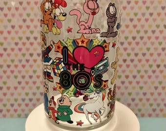 Jaren 80 glazen babybeker 16 oz | IJskoffiekop | Glazen beker met deksel en rietje | Ik hou van de jaren 80