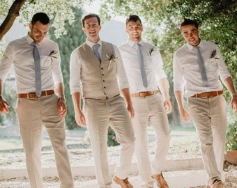 Man linen beige pants beach wedding vest and pants groom wear for men groomsmen vest and pants wedding party