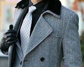 Man grey herringbone overcoat, woolen long coat, trench coat, customize tweed overcoat, winter wear jacket Christmas gift