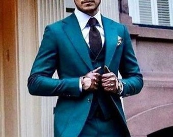 Man teal blue suit-beach wedding suit-groom suit-3 piece suit-prom suit in fabric 169