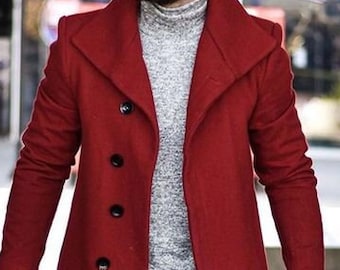 Man red tweed coat-trench style coat-woolen jacket-winter jacket-bespoke coat-men's red overcoats, Christmas gift for man