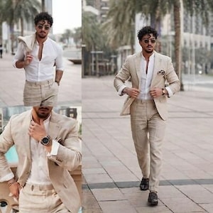 Man suit-bespoke suit-beige linen 2 piece suit-wedding suit for groom & groomsmen-prom, dinner, party wear suit-men's beige suits