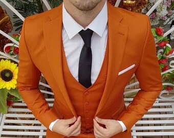 Orange suit for men, beach wedding suit for groom and groomsmen, elegant wear for wedding, prom, dinner, formal wear outfit.