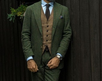 Custom Men Vintage Tweed 3Pcs Tan Khaki Herringbone Groom Tuxedos Suit Custom 