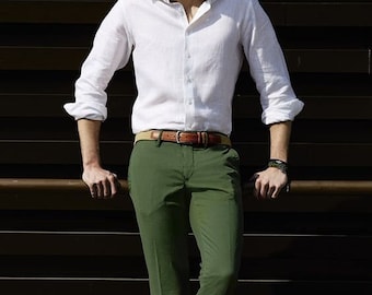 White shirt and olive green trouser  Green chinos Green trousers Shirts