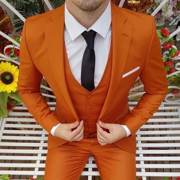 Orange suit for men, beach wedding suit for groom and groomsmen, elegant wear for wedding, prom, dinner, formal wear outfit.