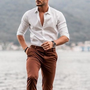 Men Elegant White Shirt Brown Trouser for Office Wear, Mens Formal ...