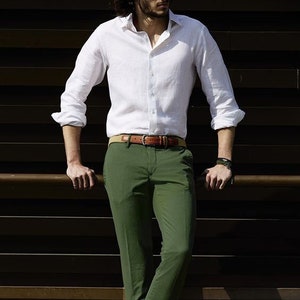 Green pants and white shirt online
