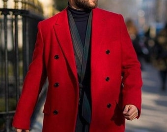 Red tweed overcoat for men, long velvet coat for men, oversize customize coat for men Christmas gift for man